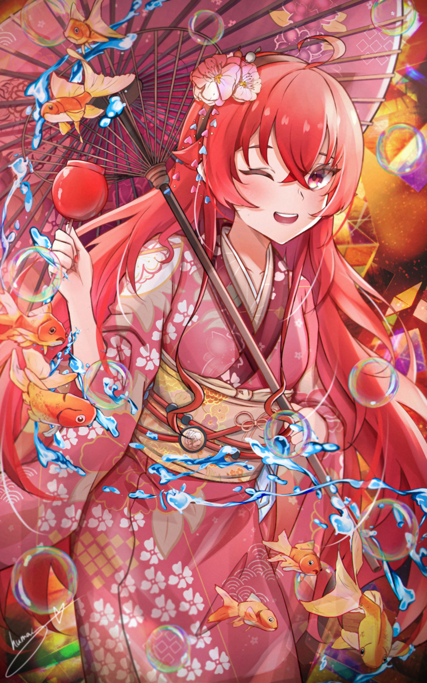 1girl absurdres ahoge bangs blush breasts bubble candy_apple chinese_commentary commentary eris_greyrat fingernails fish flower food goldfish hair_between_eyes hair_flower hair_ornament hand_up highres holding holding_umbrella humany japanese_clothes kimono long_hair long_sleeves looking_at_viewer mushoku_tensei nail_polish oil-paper_umbrella one_eye_closed open_mouth red_eyes red_nails redhead signature smile solo teeth umbrella upper_teeth very_long_hair water wide_sleeves
