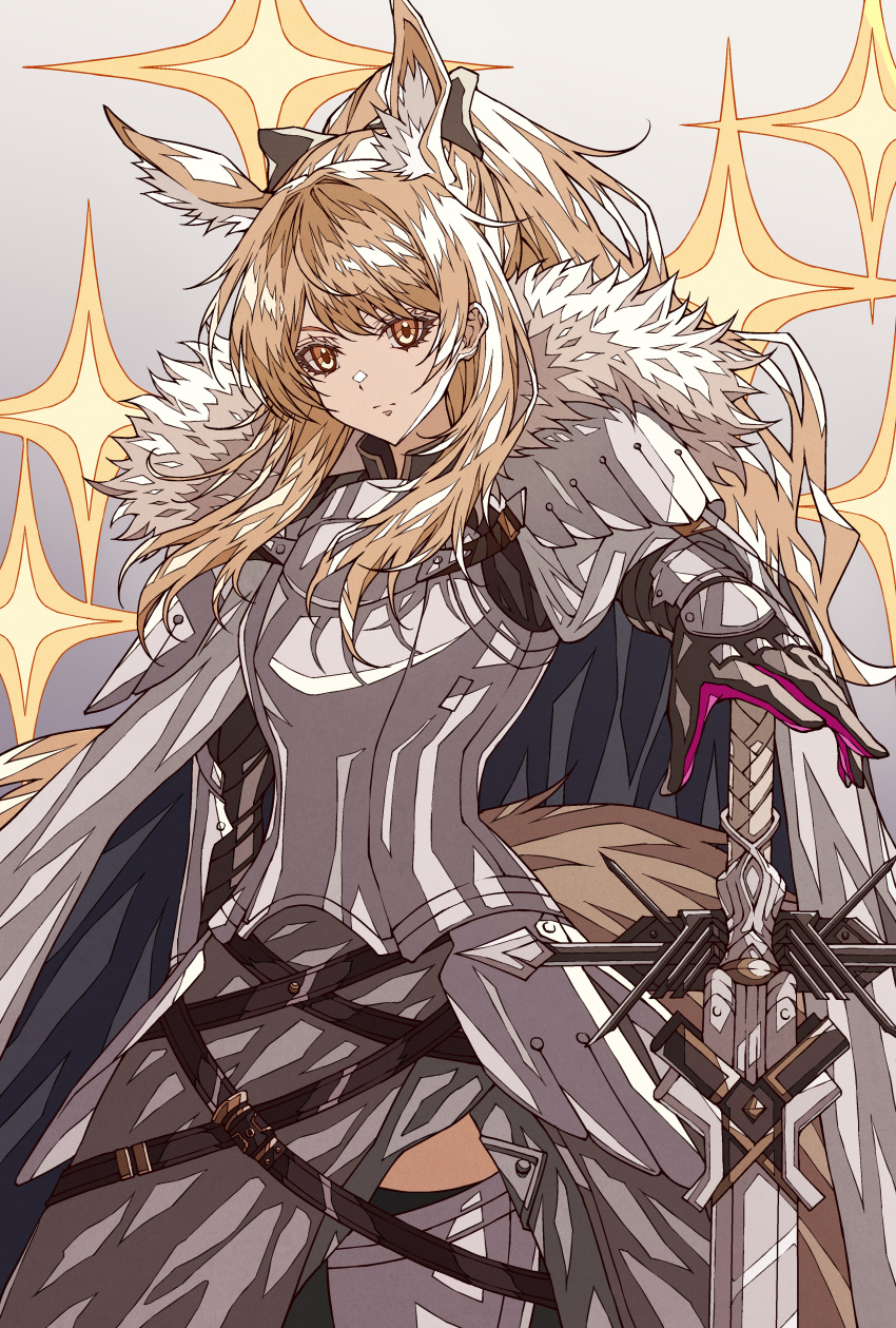 1girl absurdres animal_ear_fluff animal_ears arknights armor armored_boots belt black_gloves blemishine_(arknights) blonde_hair boots cape closed_mouth cowboy_shot elbow_gloves faulds full_armor fur_trim gloves gradient gradient_background grey_background grey_cape highres holding holding_sword holding_weapon horse_ears horse_girl horse_tail long_hair looking_at_viewer outstretched_arm ponytail shokikanes sidelocks solo sparkle sword tail thigh-highs thigh_boots very_long_hair weapon yellow_eyes