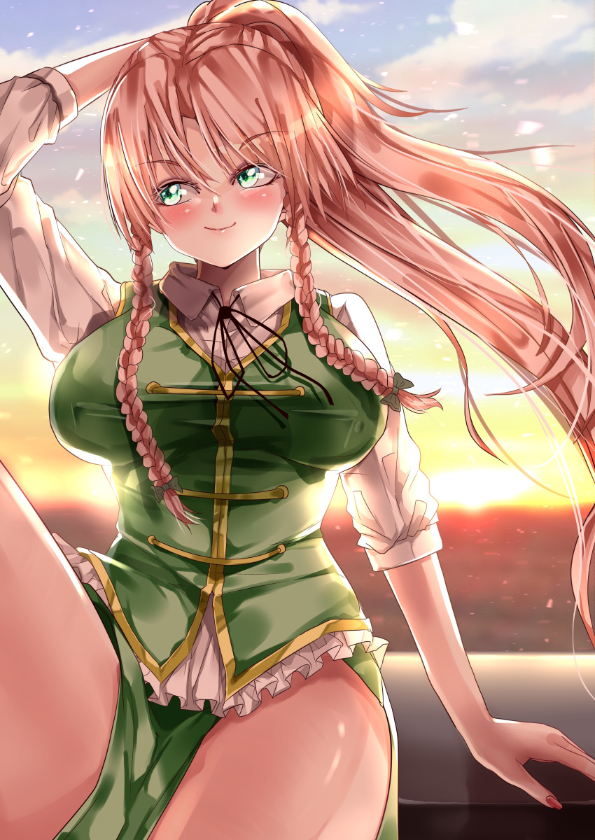 1girl absurdres black_ribbon blush braid breasts closed_mouth collared_shirt commentary_request cowboy_shot eyebrows_visible_through_hair green_skirt green_vest hairband hand_on_head head_tilt highres hong_meiling large_breasts long_hair long_sleeves looking_at_viewer maboroshi_mochi nail_polish neck_ribbon no_hat no_headwear outdoors pink_nails red_hairband ribbon shirt skirt sleeves_rolled_up smile solo touhou twilight twin_braids vest white_shirt