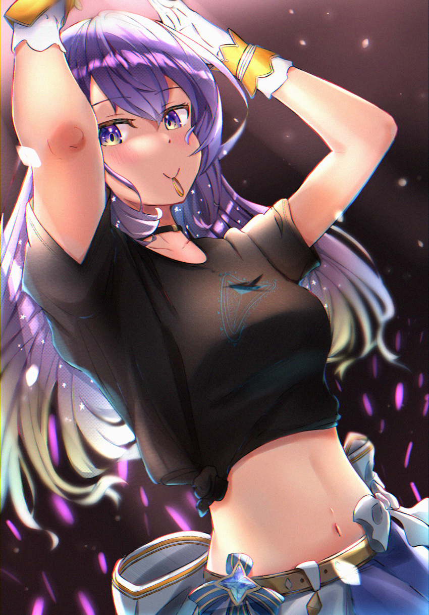 1girl arms_up bangs black_shirt blonde_hair bow breasts closed_mouth crowd dutch_angle eyebrows_visible_through_hair gloves glowstick gradient_eyes gradient_hair hair_between_eyes highres hololive hololive_indonesia idol long_hair looking_at_viewer medium_breasts midriff moona_hoshinova mouth_hold multicolored_eyes multicolored_hair navel purple_hair shirt short_sleeves skirt smile solo stomach t-shirt tied_shirt violet_eyes virtual_youtuber white_bow white_gloves white_skirt yellow_belt yellow_eyes yuki_wei