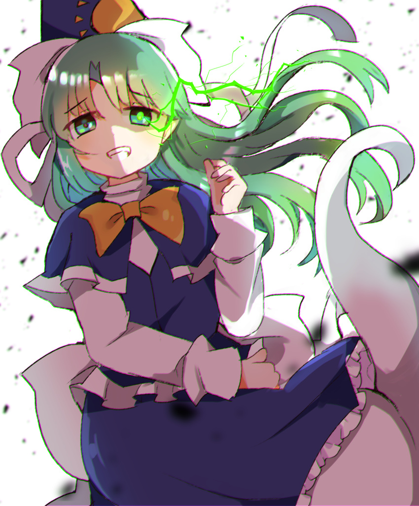 1girl back_bow blue_capelet blue_headwear blue_skirt bow capelet eyebrows_visible_through_hair flat_chest frilled_capelet frilled_skirt frills ghost_tail glowing glowing_eye green_eyes green_hair hat hat_bow highres long_hair long_sleeves mima_(touhou) ribbon skirt solo sun_print touhou touhou_(pc-98) white_background white_bow white_ribbon wizard_hat yellow_bow zeroko-san_(nuclear_f)