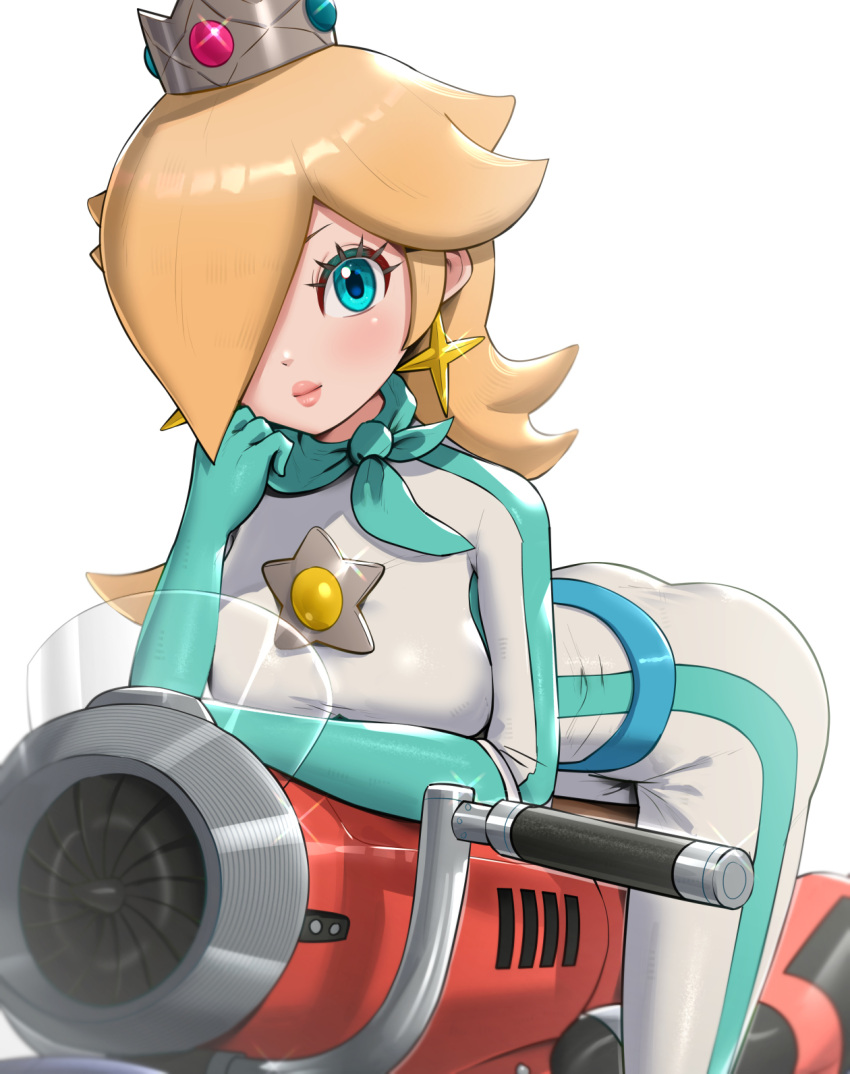 1girl aqua_eyes bent_over biker_clothes bikesuit blonde_hair bodysuit breasts closed_mouth commentary_request crown earrings elbow_rest glint gonzarez ground_vehicle hair_over_one_eye highres jewelry lips looking_at_viewer mario_kart motor_vehicle motorcycle official_alternate_costume rosalina scarf skin_tight solo star_(symbol) star_earrings super_mario_bros. white_bodysuit