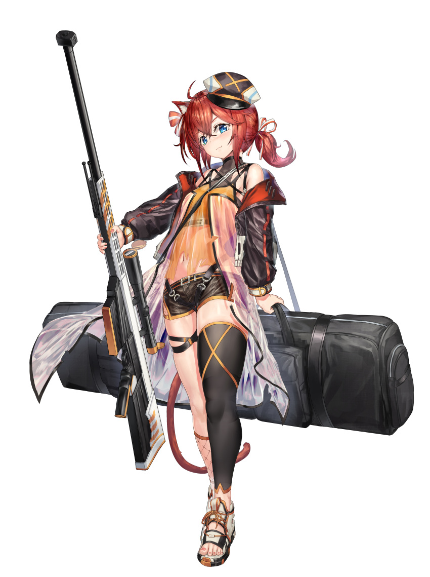 1girl absurdres ahoge animal_ears asymmetrical_legwear bag blue_eyes breasts cat_ears cat_girl cat_tail closed_mouth gun hair_ribbon halter_top halterneck hat highres holding holding_bag holding_gun holding_weapon jacket mismatched_legwear mole mole_under_eye navel open_clothes open_jacket original redhead ribbon rifle see-through shoes short_shorts shorts simple_background smile sniper_rifle sniper_scope solo standing tail taku57 thigh-highs thigh_strap tied_hair toeless_footwear weapon white_background