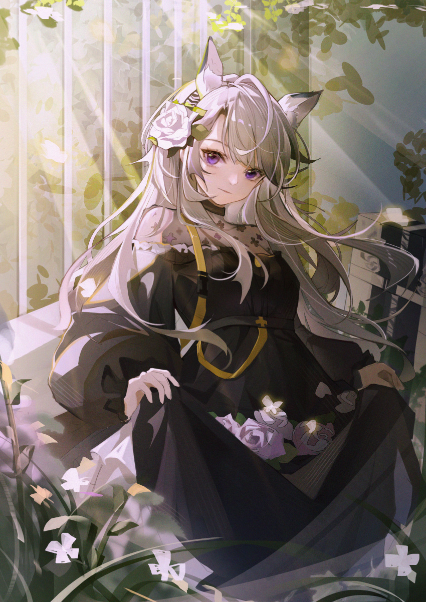 1girl absurdres animal_ear_fluff animal_ears arknights bag black_dress bubble_skirt closed_mouth cowboy_shot dress flower hair_flower hair_ornament hairband heavyrain_(arknights) heavyrain_(tranquil_moss)_(arknights) highres horse_ears indoors light_rays long_hair looking_at_viewer official_alternate_costume purple_flower purple_rose rose silver_hair skirt skirt_basket smile solo striped striped_hairband very_long_hair violet_eyes white_flower white_rose window xiuxiuya