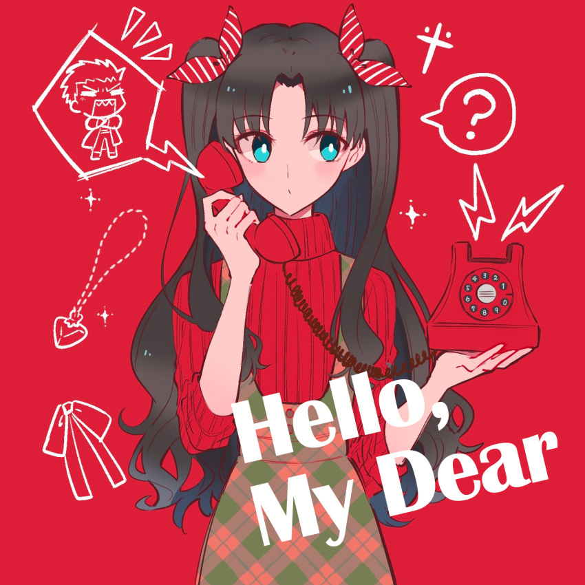 1girl ? archer_(fate) blue_eyes bow brown_hair eyebrows_visible_through_hair fate/stay_night fate_(series) hair_bow hair_tubes highres holding holding_phone long_hair long_sleeves looking_to_the_side nayu_tundora phone plaid plaid_skirt red_background red_bow red_sweater ribbed_sweater shiny shiny_hair sketch skirt solo spoken_question_mark standing striped striped_bow suspender_skirt suspenders sweater title tohsaka_rin twintails very_long_hair