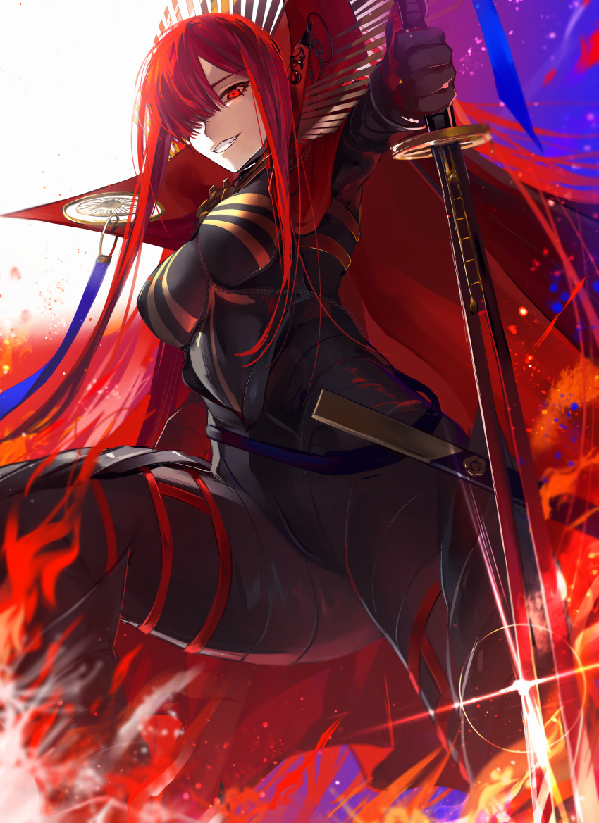1girl absurdres black_bodysuit bodysuit breasts cape eyebrows_visible_through_hair fate/grand_order fate_(series) hair_over_one_eye high_collar highres holding holding_sword holding_weapon kansya long_hair looking_at_viewer oda_nobunaga_(fate) oda_nobunaga_(maou_avenger)_(fate) red_cape red_eyes redhead shaded_face simple_background skin_tight solo straight_hair sword very_long_hair weapon white_background