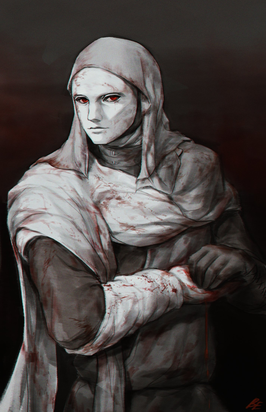 1boy blood boiled_egg27 cape closed_mouth elden_ring highres looking_at_viewer male_focus mask own_hands_together red_eyes signature solo veil white-faced_varre white_cape