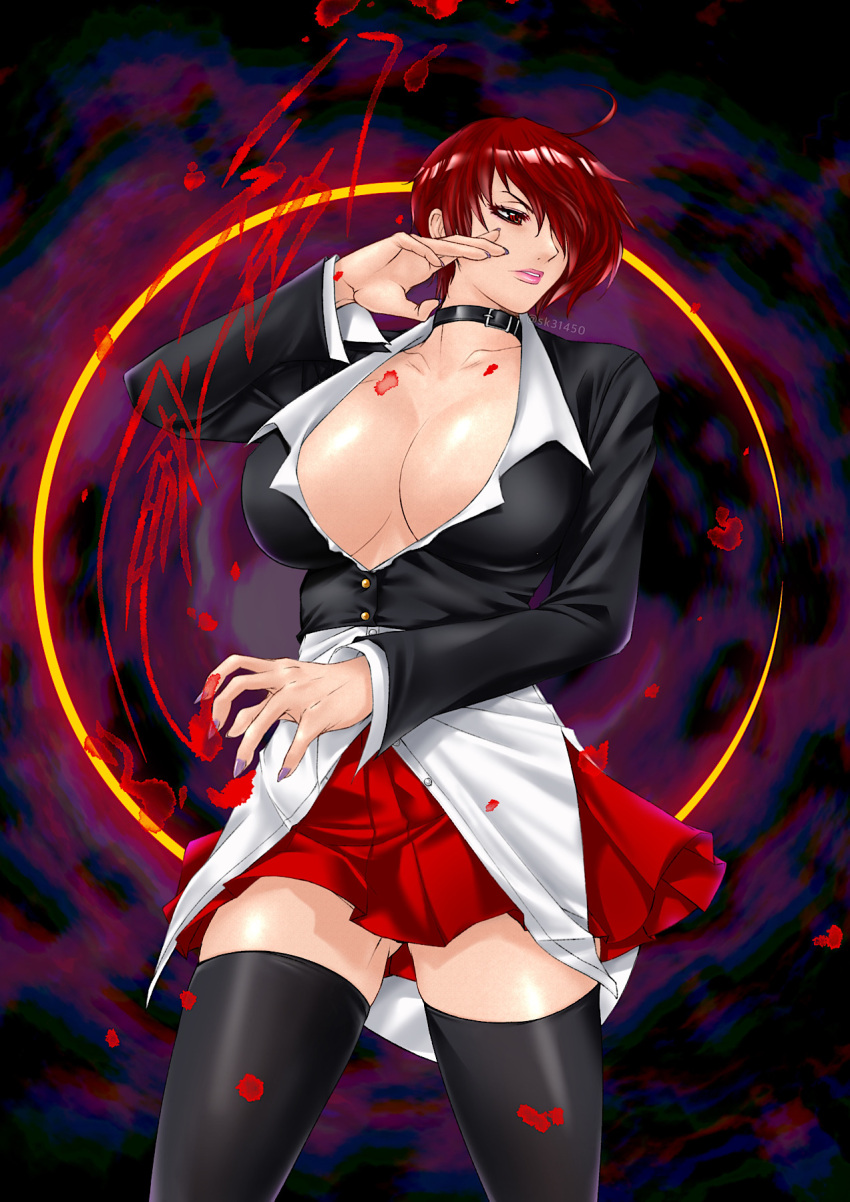 1girl ahoge ass_visible_through_thighs black_jacket black_legwear blood blood_splatter breasts collar collarbone fighting_stance fingernails genderswap genderswap_(mtf) highres huge_breasts impossible_clothes jacket nail_polish no_bra pink_lips plunging_neckline purple_nails red_eyes red_skirt redhead sharp_fingernails shirt short_hair sk_(sk-g) skirt solo the_king_of_fighters thigh-highs white_shirt yagami_iori zettai_ryouiki