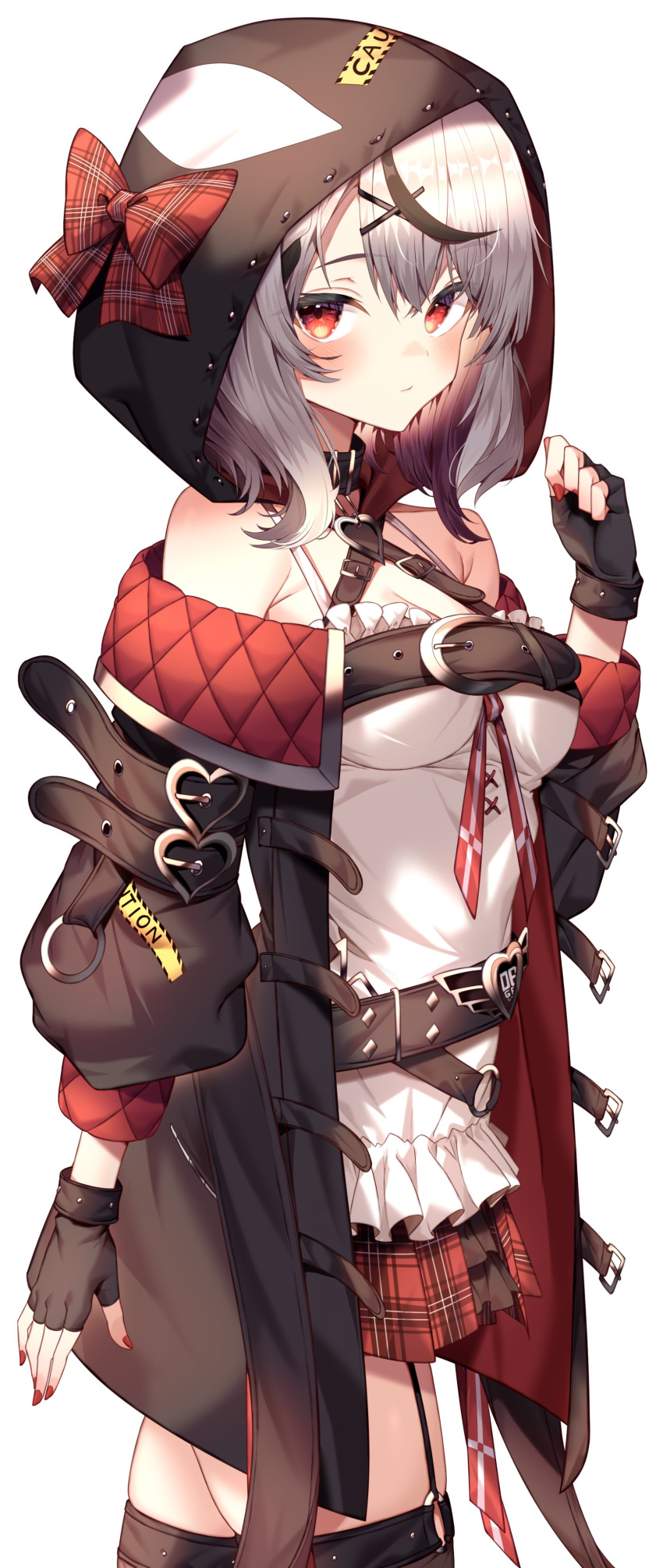 1girl absurdres animal_hood armpit_crease bare_shoulders belt black_choker black_gloves black_jacket black_legwear breasts choker closed_mouth cowboy_shot fingerless_gloves frilled_shirt frills garter_straps gloves hair_ornament hand_up highres hololive hood jacket jun_(aousa0328) long_sleeves medium_breasts miniskirt multicolored_hair nail_polish off_shoulder open_clothes open_jacket orca_hood plaid plaid_skirt pleated_skirt red_eyes red_skirt sakamata_chloe shirt skirt sleeveless sleeveless_shirt solo spaghetti_strap standing streaked_hair thigh-highs thighs virtual_youtuber white_hair white_shirt x_hair_ornament zettai_ryouiki