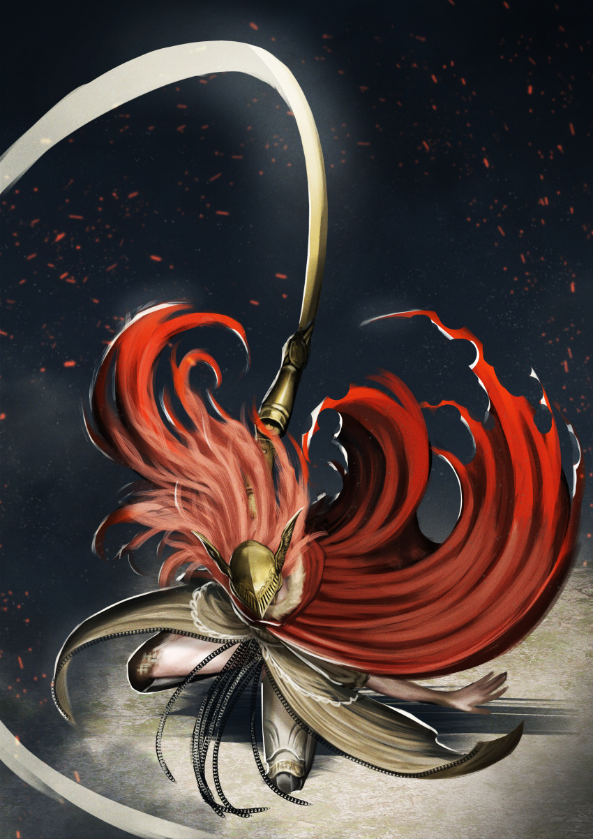1girl absurdres cape elden_ring facing_viewer fighting_stance floating_cape floating_hair helmet highres holding holding_sword holding_weapon ikasamahideo malenia_blade_of_miquella red_cape redhead solo squatting sword weapon winged_helmet