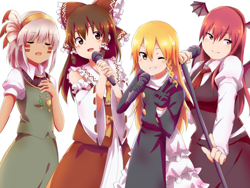 4girls asatsuki_(cookie) ascot bangs black_coat black_gloves black_skirt black_vest blonde_hair blush bow braid breasts brown_eyes brown_hair buttons closed_eyes closed_mouth coat collared_shirt commentary_request cookie_(touhou) cowboy_shot detached_sleeves facepaint fake_wings feather_hair_ornament feathers frilled_bow frilled_sleeves frills gloves green_skirt green_vest grin hair_between_eyes hair_bow hair_ornament hairband hakurei_reimu head_wings holding holding_microphone holding_microphone_stand kanna_(cookie) kirisame_marisa koakuma kochiko_(cookie) konpaku_youmu large_breasts long_hair long_sleeves looking_at_viewer microphone microphone_stand multiple_girls music necktie one_eye_closed open_mouth puffy_short_sleeves puffy_sleeves purple_bow red_bow red_eyes red_necktie red_shirt red_skirt redhead rei_(cookie) ribbon-trimmed_sleeves ribbon_trim shirt short_sleeves side_braid simple_background singing single_braid skirt skirt_set sleeveless sleeveless_shirt smile third-party_source touhou tsukemen_(nicoseiga70382510) vest white_background white_shirt white_sleeves wings yellow_ascot yellow_eyes yellow_hairband