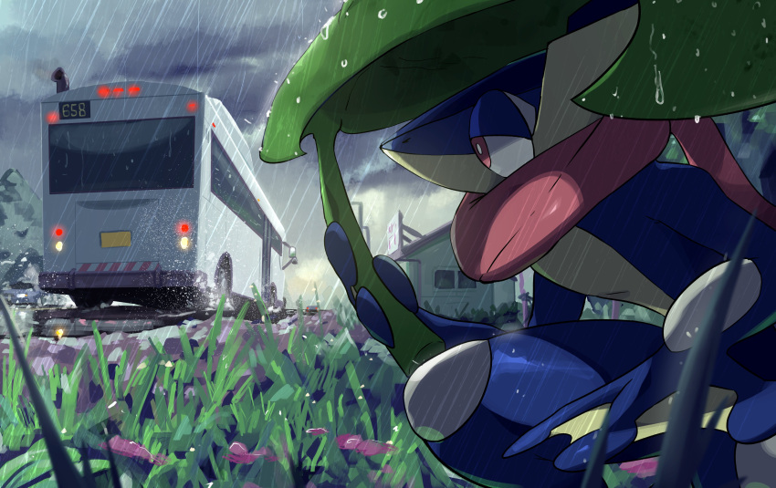 absurdres bus clouds cloudy_sky commentary english_commentary field ground_vehicle highres holding house juno_son light motor_vehicle outdoors pokemon pokemon_(creature) pokemon_(game) rain rear-view_mirror red_eyes road sky street umbrella water_drop wet window