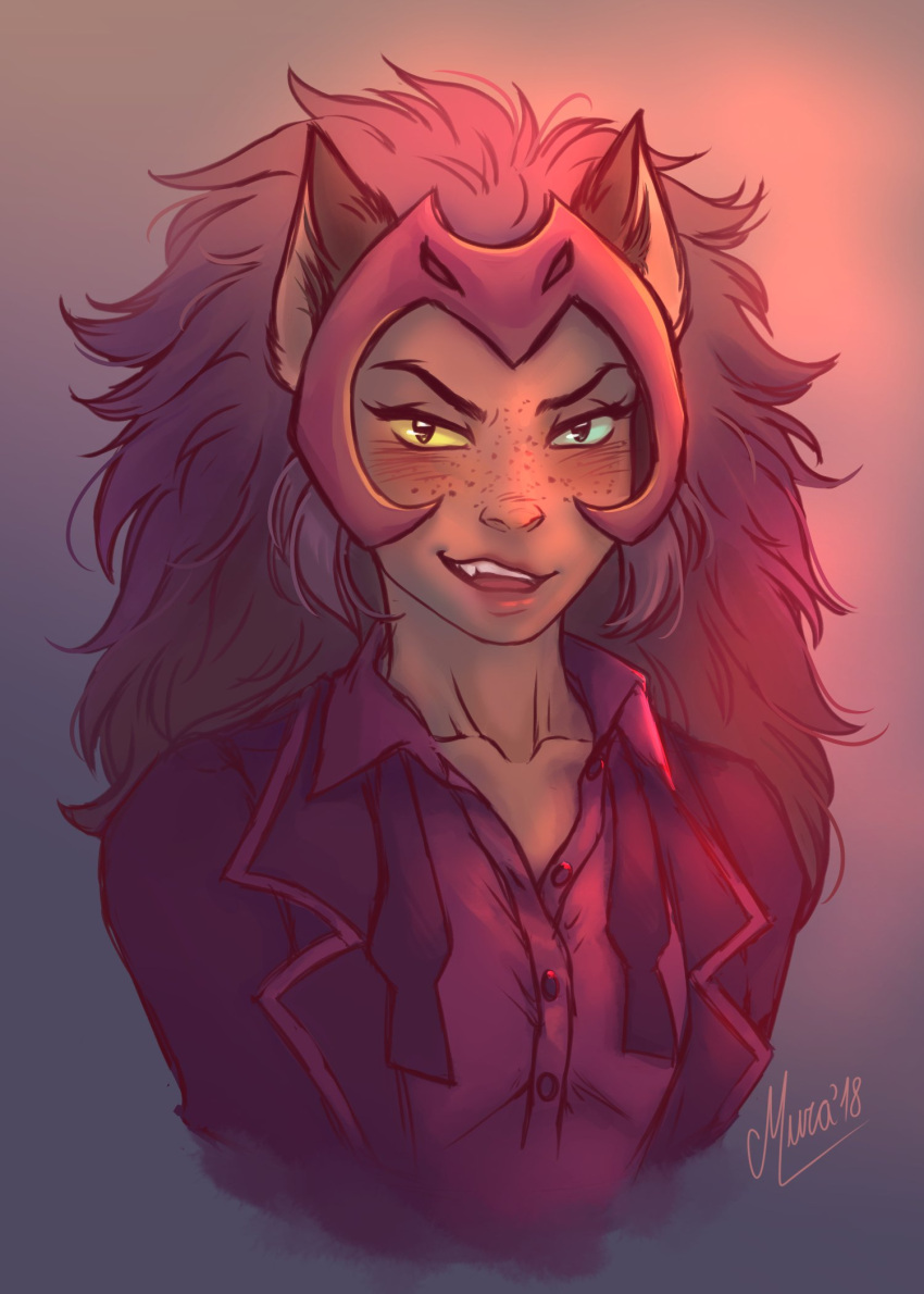 1girl 2018 blush catra collarbone eyelashes formal freckles headgear heterochromia highres long_hair masters_of_the_universe murasaki_yuri red_headwear she-ra_and_the_princesses_of_power smile solo suit teeth
