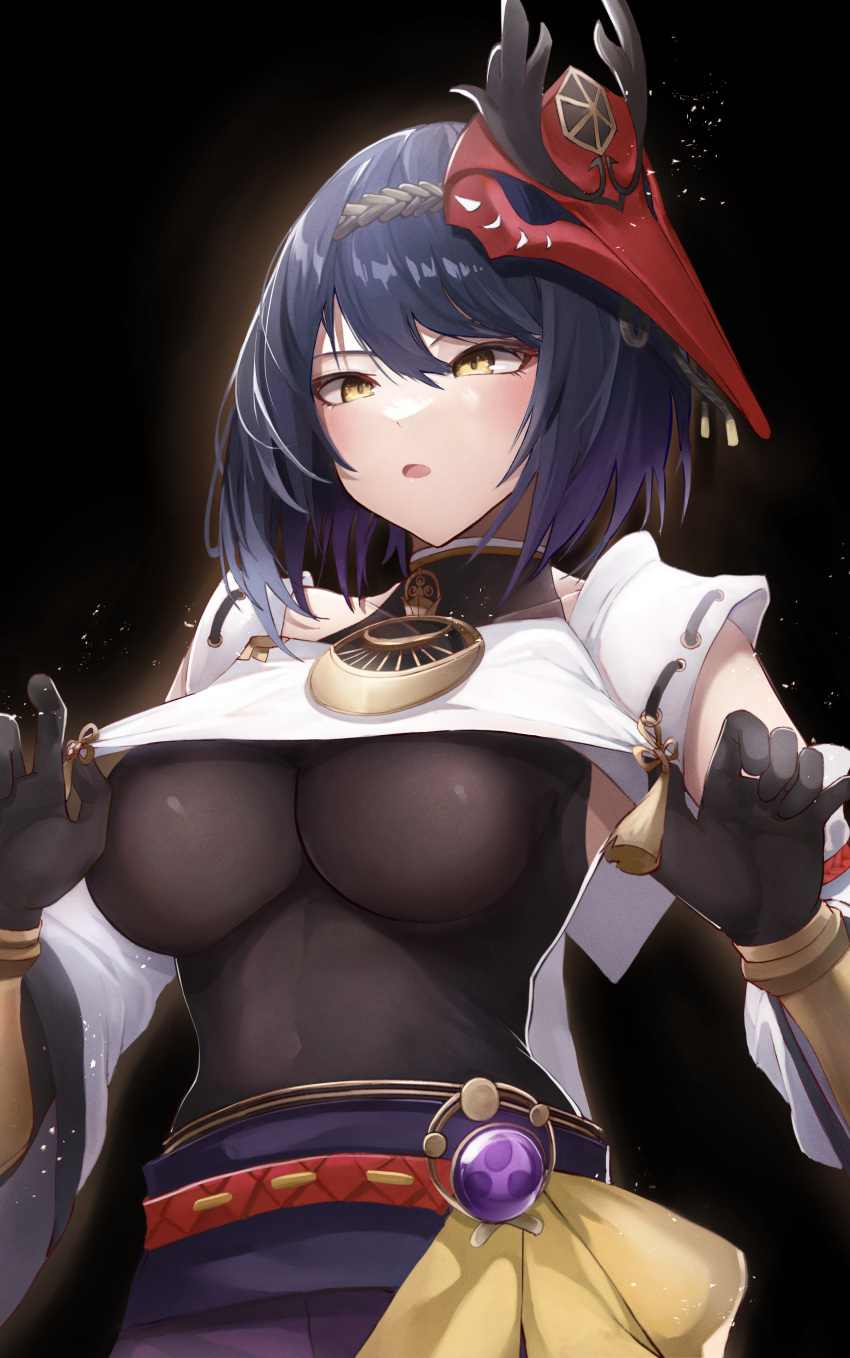 1girl absurdres bangs black_background black_gloves blue_hair blush bodysuit breast_curtain breast_curtain_lift breasts covered_navel detached_sleeves elbow_gloves genshin_impact gloves hair_between_eyes highres jewelry kujou_sara large_breasts lifted_by_self mask mask_on_head megu_(pixiv9460065) obijime open_mouth pendant red_mask short_hair solo tengu_mask vision_(genshin_impact) yellow_eyes