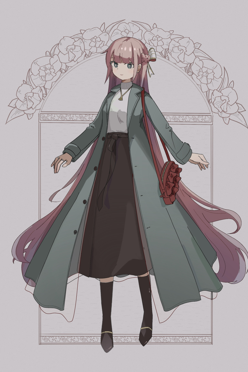 1girl absurdres aqua_coat aqua_eyes bangs boots brown_skirt carcano_m1891_(girls'_frontline) closed_mouth coat eyebrows_visible_through_hair floral_background full_body girls_frontline hair_ribbon highres jewelry katyopunch long_hair long_skirt looking_at_viewer necklace open_clothes open_coat pink_hair ribbon shirt skirt smile solo standing very_long_hair white_shirt