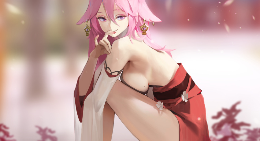 1girl animal_ears bare_legs blurry blurry_background breasts closed_mouth detached_sleeves earrings eyeshadow feet_out_of_frame fox_ears fox_shadow_puppet genshin_impact hair_between_eyes highres japanese_clothes jewelry knees_to_chest korean_commentary long_hair looking_to_the_side makeup medium_breasts midfinger22 nail_polish pink_hair pink_nails sideboob sitting smile solo violet_eyes yae_miko