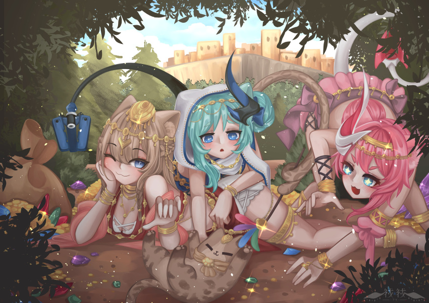 +_+ 3girls :3 absurdres all_fours animal animal_ears arabian_clothes bag bangs blue_eyes blue_hair blue_sky brown_hair cat cat_ears cat_girl cat_tail closed_mouth clouds cloudy_sky full_body furi_art gem gold highres honkai_(series) honkai_impact_3rd horns jewelry liliya_olenyeva long_hair looking_at_viewer lying multiple_girls on_stomach one_eye_closed open_mouth outdoors pardofelis_(honkai_impact) rozaliya_olenyeva siblings single_horn sky tail tree twins