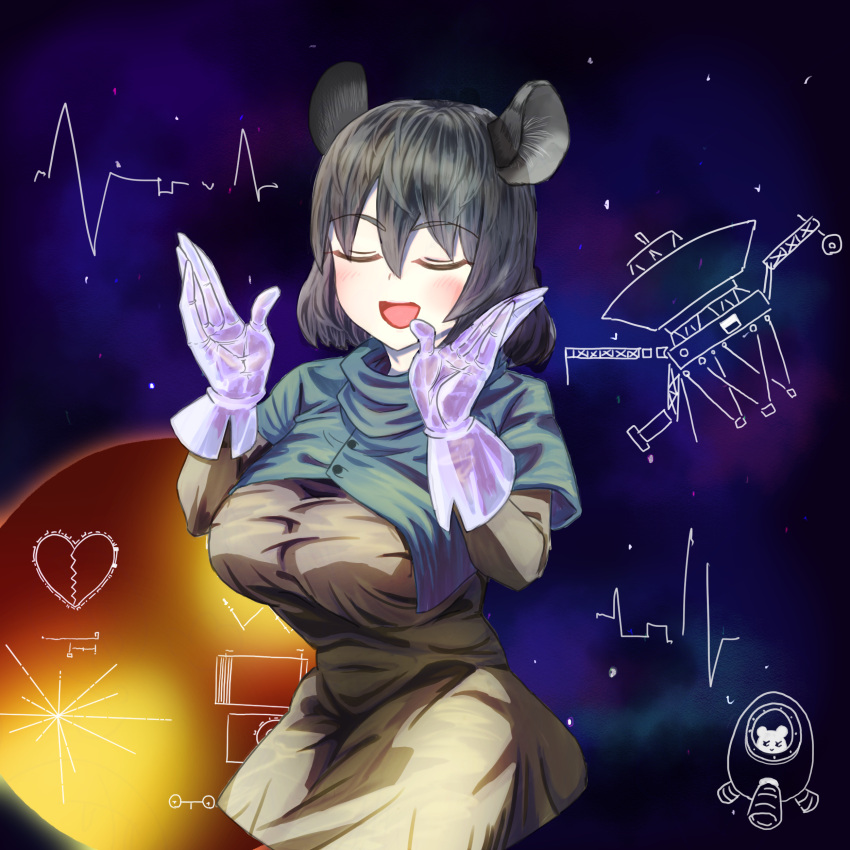 1girl absurdres animal_ears bangs blush breasts brown_dress capelet closed_eyes commentary_request cookie_(touhou) cowboy_shot dress eyebrows_visible_through_hair gloves green_capelet grey_hair hair_between_eyes heart highres large_breasts mouse_ears mouse_girl nazrin nyon_(cookie) open_mouth psychic_parrot short_hair smile solo space touhou voyager voyager_golden_record white_gloves