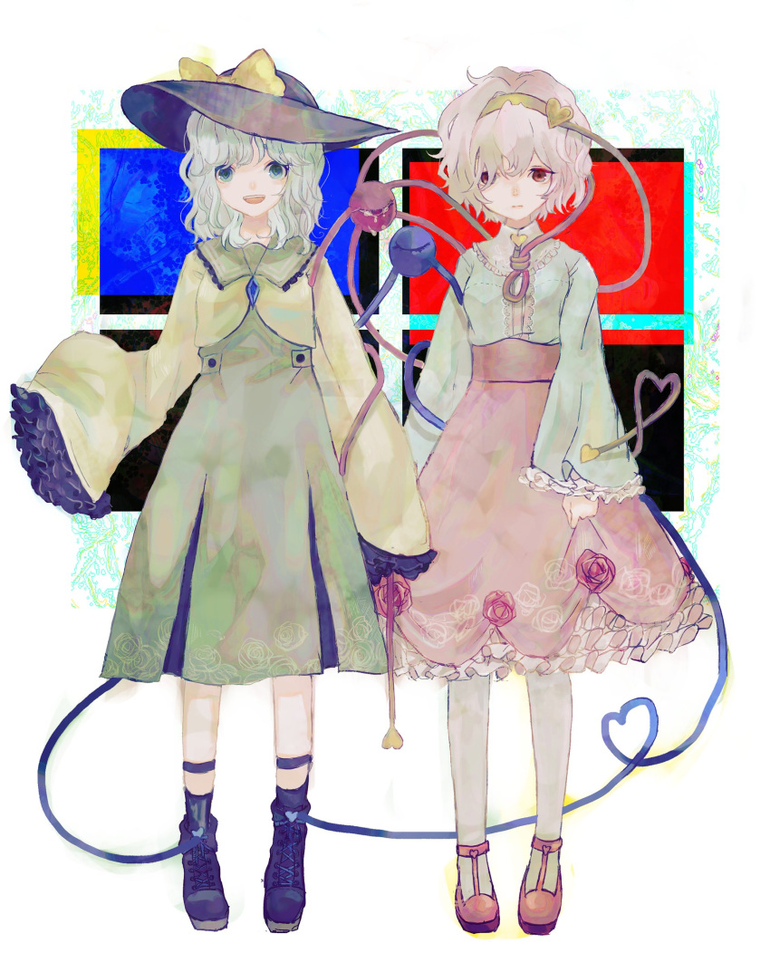 2girls :d :| black_footwear black_headwear blouse blue_blouse boots bow buttons closed_mouth commentary commission crying crying_with_eyes_open diamond-shaped_pupils diamond_(shape) eyebrows_behind_hair floral_print flower frilled_shirt_collar frilled_skirt frilled_sleeves frills full_body green_eyes green_hair green_skirt hair_ornament hair_over_one_eye hairband hat hat_bow heart heart_button heart_hair_ornament heart_of_string highres holding_hands jewelry komeiji_koishi komeiji_satori long_sleeves looking_at_viewer medium_hair multiple_girls open_mouth pendant pink_footwear pink_hair pink_skirt red_eyes red_flower red_rose rose rose_print sano_naoi shirt shoes short_hair siblings sisters skeb_commission skirt skirt_hold sleeves_past_fingers sleeves_past_wrists smile symbol-shaped_pupils tears teeth third_eye tongue touhou upper_teeth wide_sleeves yellow_bow yellow_hairband yellow_shirt