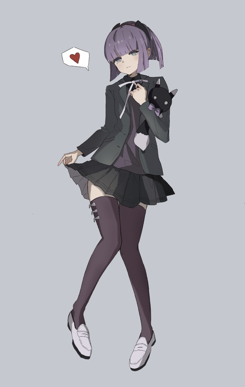 1girl absurdres bangs black_legwear black_skirt carcano_m91/38_(girls'_frontline) closed_mouth clothes_lift eyebrows_visible_through_hair full_body girls_frontline grey_eyes grey_jacket heart heart_print highres jacket katyopunch looking_at_viewer medium_hair object_hug open_clothes open_jacket purple_hair purple_shirt shirt shoes simple_background skirt skirt_lift solo standing thigh-highs toy white_footwear
