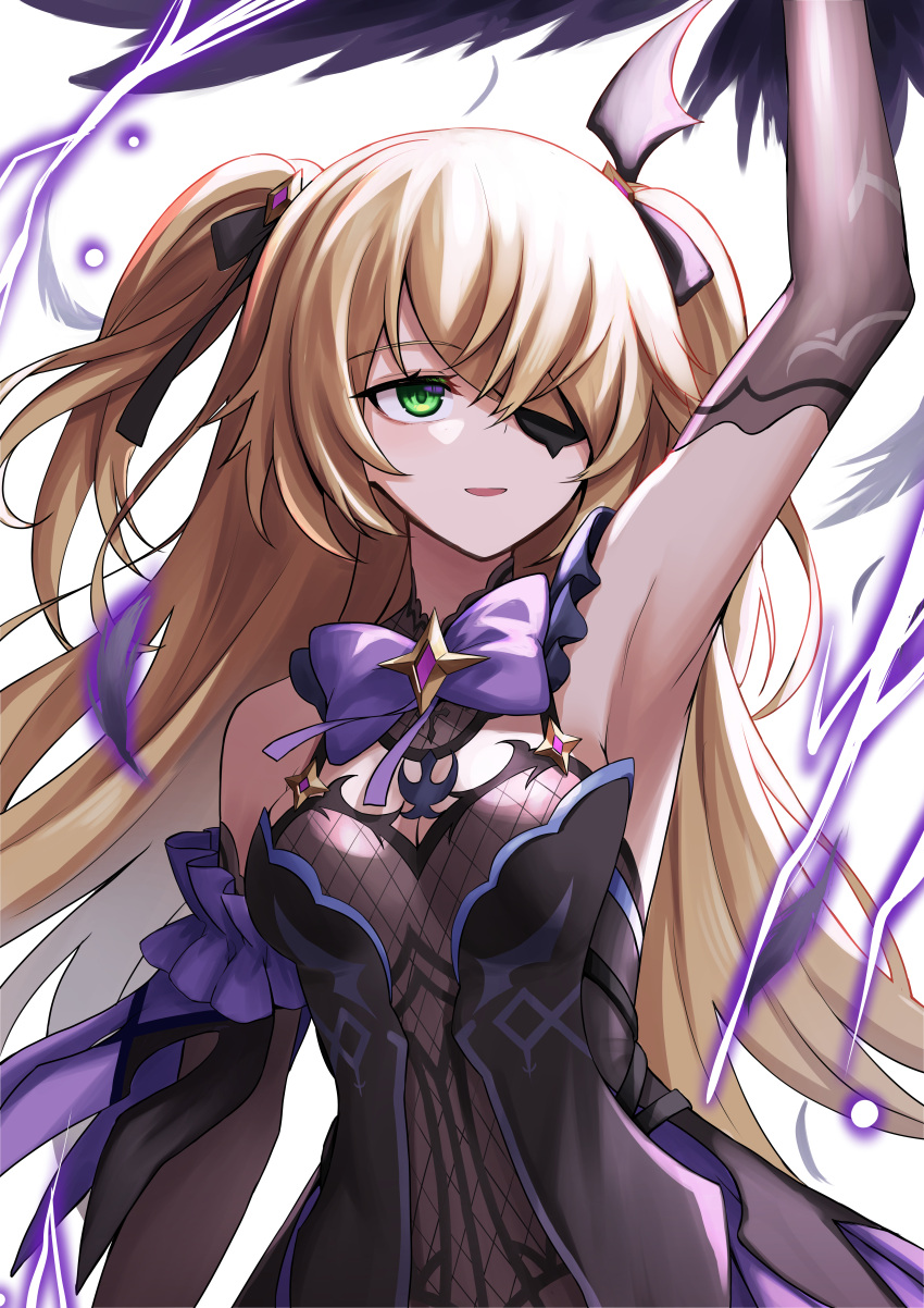 1girl absurdres arm_up armpits bangs bare_shoulders bird black_gloves blonde_hair blush bodystocking bow breasts crow elbow_gloves electricity eyepatch fischl_(genshin_impact) genshin_impact gloves green_eyes hair_over_one_eye highres karadborg long_hair medium_breasts oz_(genshin_impact) purple_bow two_side_up