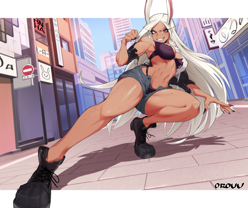 1girl animal_ears artist_name bangs bare_shoulders black_footwear black_jacket black_nails boku_no_hero_academia bra breasts city clenched_hand dark-skinned_female dark_skin highres jacket large_breasts legs letterboxed long_eyelashes long_hair looking_at_viewer mirko nail_polish navel orouu outdoors panties parted_bangs purple_bra purple_panties rabbit_ears rabbit_girl red_eyes road_sign scratches shirt short_shorts shorts sign smile solo sweat thick_thighs thighs toned torn_clothes unbuttoned_shorts underwear white_hair white_shirt