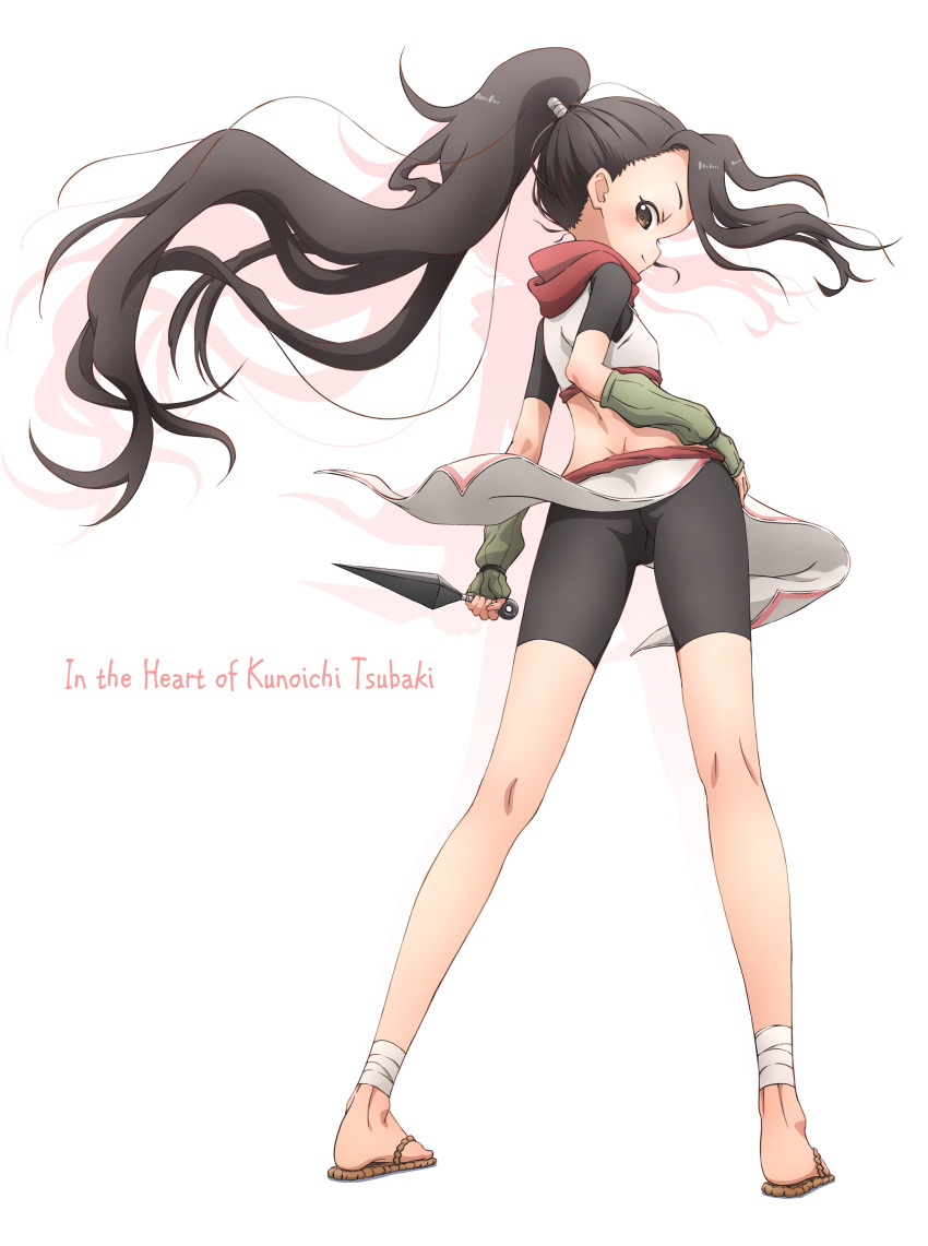 1girl absurdres ankle_wrap ass back bike_shorts black_hair black_shorts brown_eyes copyright_name crop_top fingerless_gloves floating_hair forehead from_behind full_body gloves green_gloves hand_on_hip high_ponytail highres holding holding_weapon kakuchi01 kunai kunoichi_tsubaki_no_mune_no_uchi long_hair looking_at_viewer looking_back ninja official_art ponytail profile red_scarf sandals scarf short_sleeves shorts simple_background smile solo standing tsubaki_(kunoichi_tsubaki_no_mune_no_uchi) very_long_hair weapon white_background
