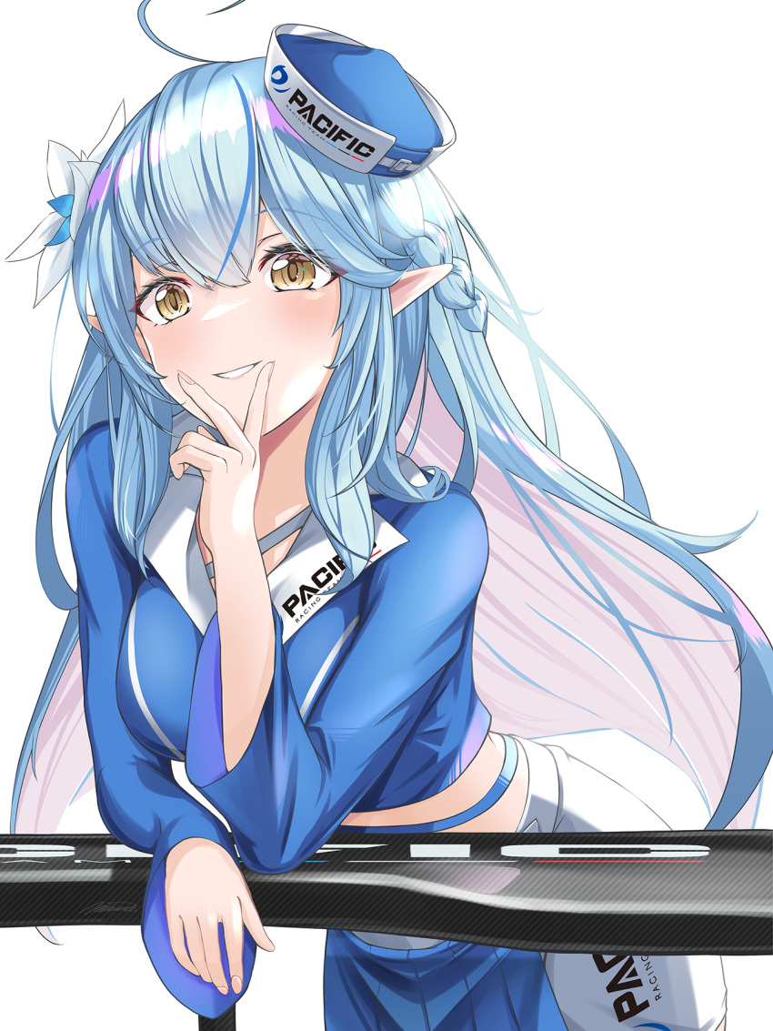 1girl ahoge blue_hair commentary_request flower grin hair_flower hair_ornament hat highres hinazuki_maara hololive long_hair long_sleeves looking_at_viewer pacific_racing_team pointy_ears racequeen simple_background smile solo upper_body virtual_youtuber white_background yellow_eyes yukihana_lamy