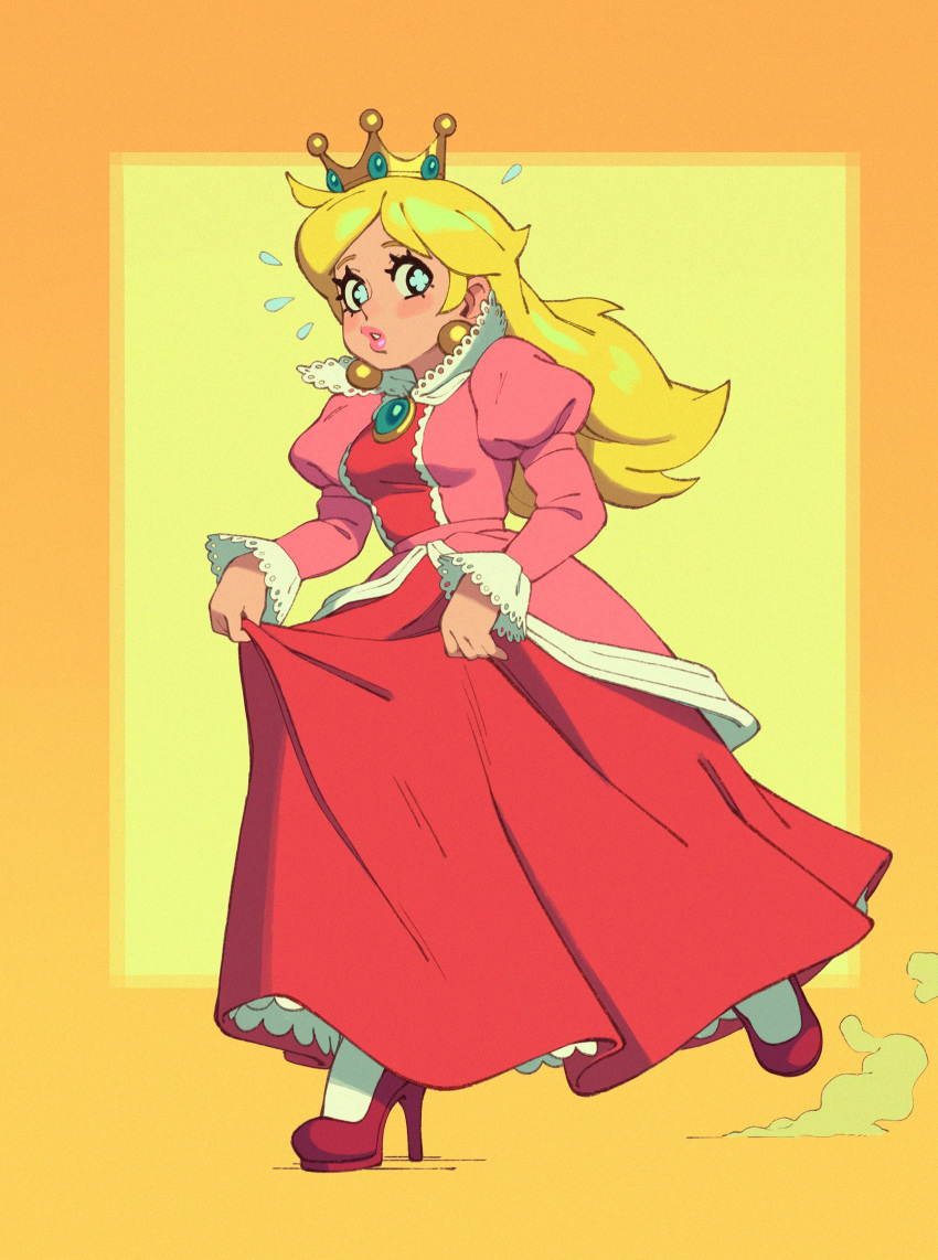 1girl blonde_hair blush breasts crown dress dress_lift earrings gloves high_heels highres jewelry juliet_sleeves lips lipstick long_dress long_hair long_sleeves looking_at_viewer makeup open_mouth princess_peach prototype puffy_sleeves red_dress riz running solo super_mario_bros.