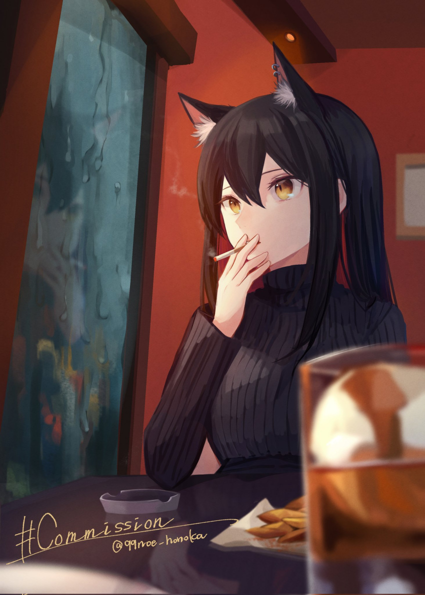 1girl 99noe_honoka animal_ear_fluff animal_ears arknights ashtray bangs black_hair cigarette colored_inner_hair commission highres long_hair long_sleeves multicolored_hair redhead smoking solo sweater texas_(arknights) turtleneck turtleneck_sweater twitter_username wolf_ears wolf_girl yellow_eyes