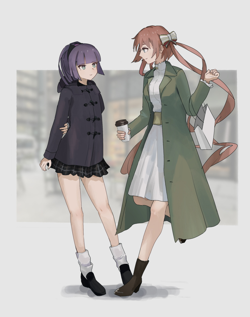 2girls absurdres aqua_eyes arm_behind_back arm_up bag bangs black_footwear bow brown_footwear carcano_m1891_(girls'_frontline) carcano_m91/38_(girls'_frontline) casual closed_mouth coat cup dress eyebrows_visible_through_hair full_body girls_frontline green_coat hair_bow highres holding holding_cup jacket katyopunch long_hair looking_at_another medium_hair multiple_girls open_clothes open_coat orange_hair purple_hair purple_jacket short_ponytail simple_background skirt smile socks standing standing_on_one_leg white_dress