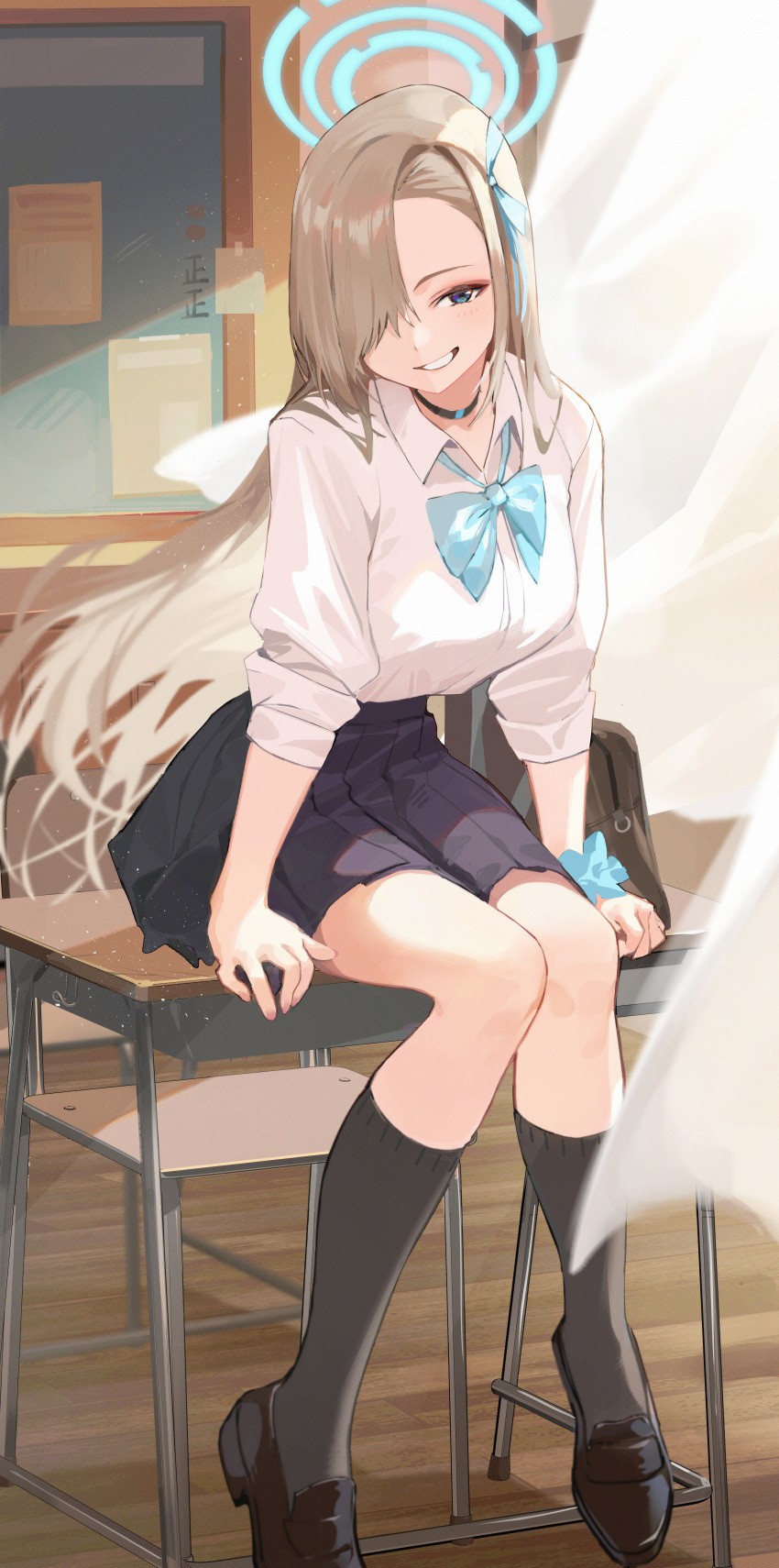 1girl absurdres asuna_(blue_archive) bangs black_footwear black_legwear black_skirt blue_archive blue_bow blue_bowtie blue_eyes bow bowtie breasts chair classroom collared_shirt desk hair_over_one_eye halo highres indoors kawa683 kneehighs large_breasts light_brown_hair loafers long_hair miniskirt on_desk pleated_skirt school_chair school_desk school_uniform shirt shoes sitting sitting_on_desk skirt solo swept_bangs very_long_hair white_shirt