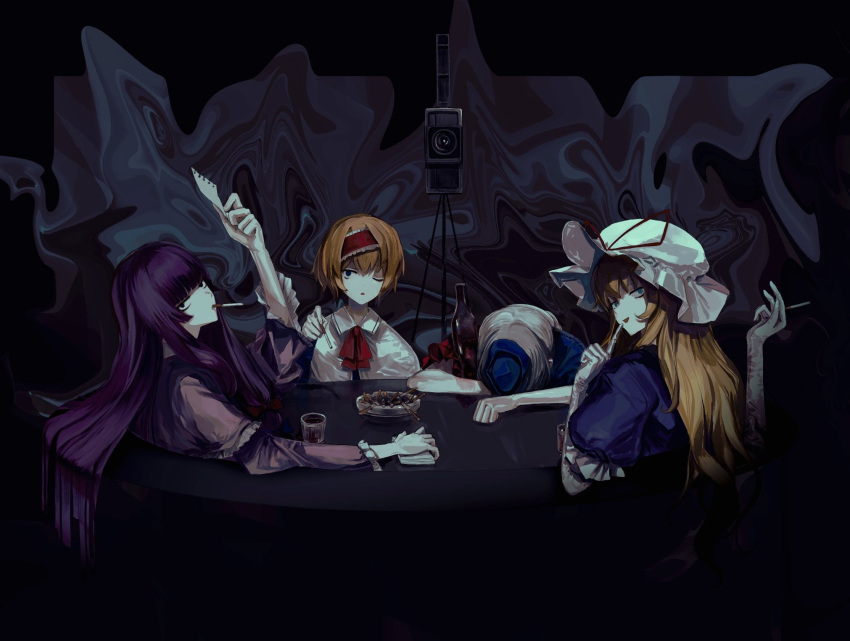 4girls alice_margatroid ashtray bangs blonde_hair blue_eyes blunt_bangs bow bowtie capelet cigarette coat collared_capelet commentary_request cookie_(touhou) dress elbow_gloves face_down frilled_hairband frilled_sleeves frills gloves grey_hair hairband hat hat_ribbon highres holding holding_cigarette long_hair looking_at_viewer looking_down mob_cap multiple_girls multiple_persona on_(_l0_) open_mouth patchouli_knowledge pink_coat puffy_short_sleeves puffy_sleeves purple_dress purple_hair red_bow red_bowtie red_hairband red_ribbon ribbon short_hair short_sleeves smile smoking table taisa_(cookie) touhou translation_request upper_body very_long_hair video_camera violet_eyes white_capelet white_gloves yagokoro_eirin yakumo_yukari