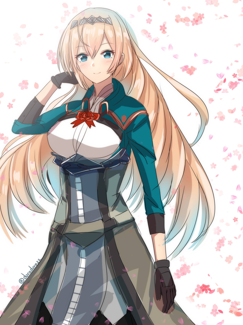 1girl absurdres black_gloves blonde_hair blue_eyes breasts cherry_blossoms corset cropped_jacket doradorazz dress_shirt eyebrows_visible_through_hair flower gloves highres kantai_collection long_hair looking_at_viewer medium_breasts one-hour_drawing_challenge petals red_flower red_rose rose shirt smile solo tiara twitter_username victorious_(kancolle) white_shirt