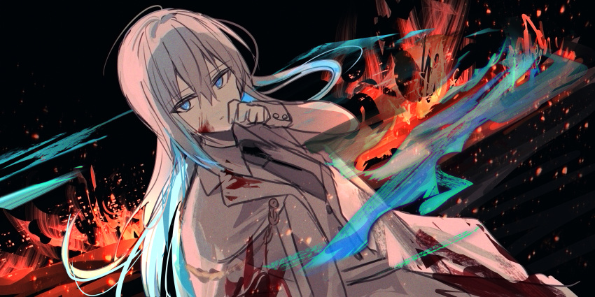 1girl absurdres bangs black_background black_necktie blood blood_on_clothes blood_on_face blue_eyes blue_hair chihuri collared_shirt commentary_request dutch_angle eyebrows_visible_through_hair fire grey_hair grey_vest hair_between_eyes hand_up highres jacket long_hair long_sleeves looking_at_viewer multicolored_hair necktie original parted_lips shirt solo two-tone_hair very_long_hair vest white_jacket white_shirt