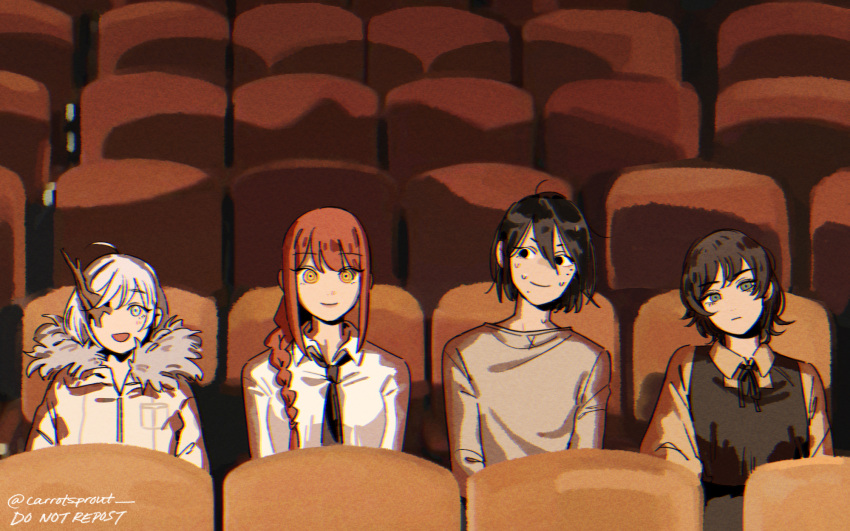 1boy 3girls black_hair black_necktie braid braided_ponytail carrotsprout chainsaw_man eri_(sayonara_eri) fire_punch hair_between_eyes highres ice_witch_(fire_punch) makima_(chainsaw_man) mole mole_under_eye mole_under_mouth movie_theater multiple_girls necktie redhead ringed_eyes sayonara_eri school_uniform shirt short_hair sitting smile sweat togata_(fire_punch) twitter_username white_hair white_shirt yellow_eyes