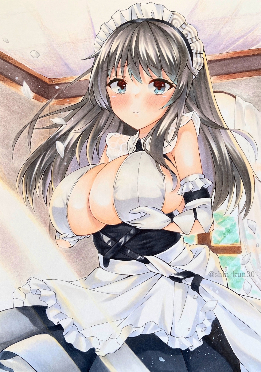 1girl apron azur_lane black_dress breast_lift breasts center_opening charybdis_(azur_lane) curtains day dress from_below gloves grey_eyes grey_hair highres indoors lace-trimmed_hairband lace_trim large_breasts long_hair looking_at_viewer maid_headdress marker_(medium) shin_kun30 sleeveless sleeveless_dress solo traditional_media white_apron white_gloves window