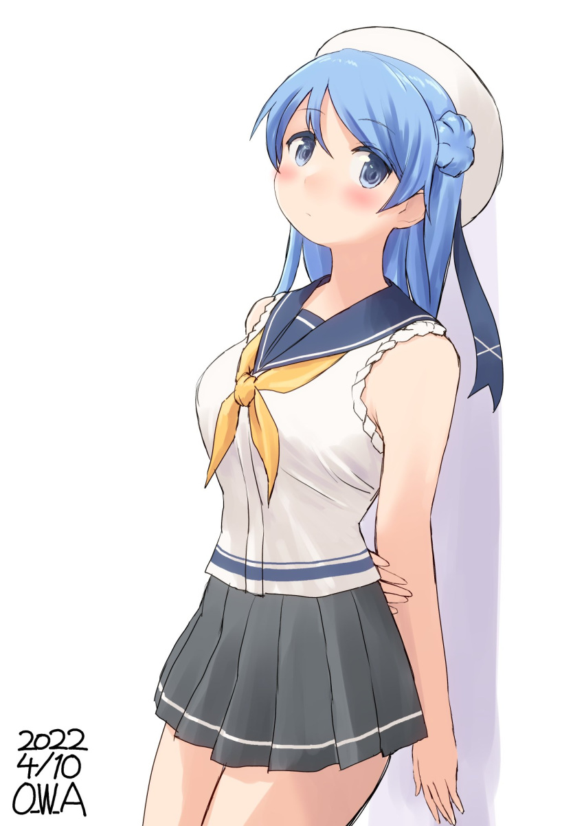 1girl against_wall artist_name blue_eyes blue_hair blue_sailor_collar commentary_request cowboy_shot dated double_bun hat highres kantai_collection looking_at_viewer neckerchief one-hour_drawing_challenge owa_(ishtail) pleated_skirt sailor_collar sailor_hat school_uniform serafuku simple_background skirt sleeves_rolled_up solo urakaze_(kancolle) white_background white_headwear yellow_neckerchief