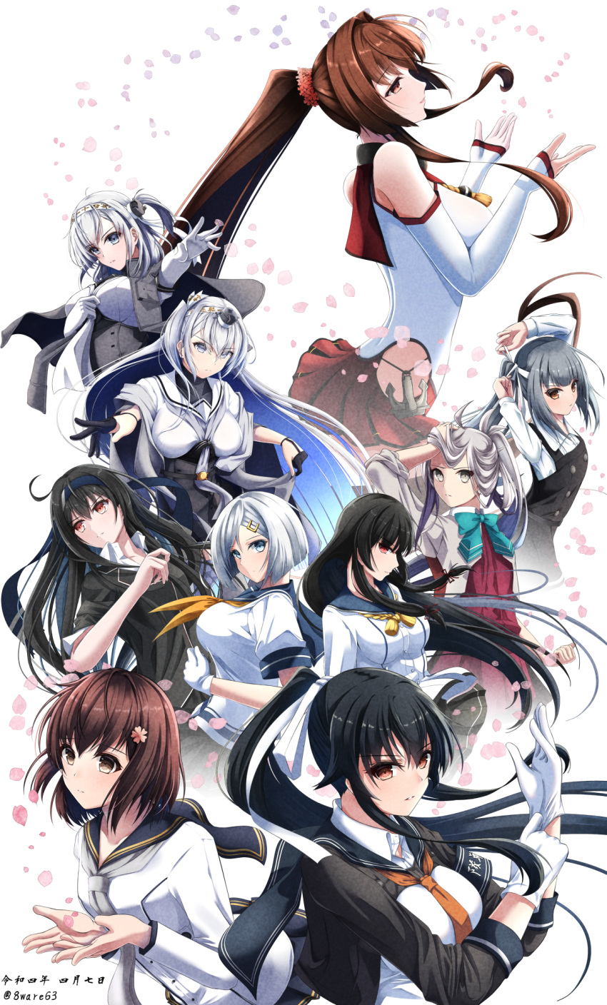 6+girls anchor aqua_necktie asashimo_(kancolle) asashio_(kancolle) asashio_kai_ni_(kancolle) back-to-back black_gloves black_hair black_jacket blazer blue_eyes blue_headband bodysuit breasts brown_eyes brown_hair cape cherry_blossoms clothes_writing dated detached_sleeves dress eyebrows_visible_through_hair flower from_side fuyutsuki_(kancolle) gloves grey_cape grey_eyes grey_hair grey_neckerchief hachimaki hachiware_(8ware63) hair_flower hair_ornament hairclip hamakaze_(kancolle) hatsushimo_(kancolle) hatsushimo_kai_ni_(kancolle) headband highres isokaze_(kancolle) jacket kantai_collection kasumi_(kancolle) kasumi_kai_ni_(kancolle) large_breasts long_hair long_sleeves looking_at_viewer looking_up multiple_girls neckerchief necktie one_side_up outstretched_arm petals pinafore_dress pleated_skirt ponytail purple_hair red_eyes red_skirt sailor_collar sailor_dress school_uniform serafuku shirt short_hair short_sleeves side_ponytail silver_hair skirt sleeveless sleeveless_dress suzutsuki_(kancolle) twitter_username tying_hair white_bodysuit white_gloves white_headband white_neckerchief white_shirt yahagi_(kancolle) yahagi_kai_ni_(kancolle) yamato_(kancolle) yellow_neckerchief yukikaze_(kancolle) yukikaze_kai_ni_(kancolle)