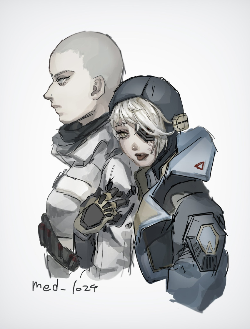 2girls apex_legends artist_name bald bald_girl blue_jacket deep_current_wattson from_side grey_background grey_hair grey_jacket highres jacket looking_ahead looking_at_viewer med_(med_1024) multiple_girls nose_piercing official_alternate_costume piercing scar scar_on_cheek scar_on_face sketch the_liberator_wraith tongue tongue_out wattson_(apex_legends) wraith_(apex_legends) yellow_eyes