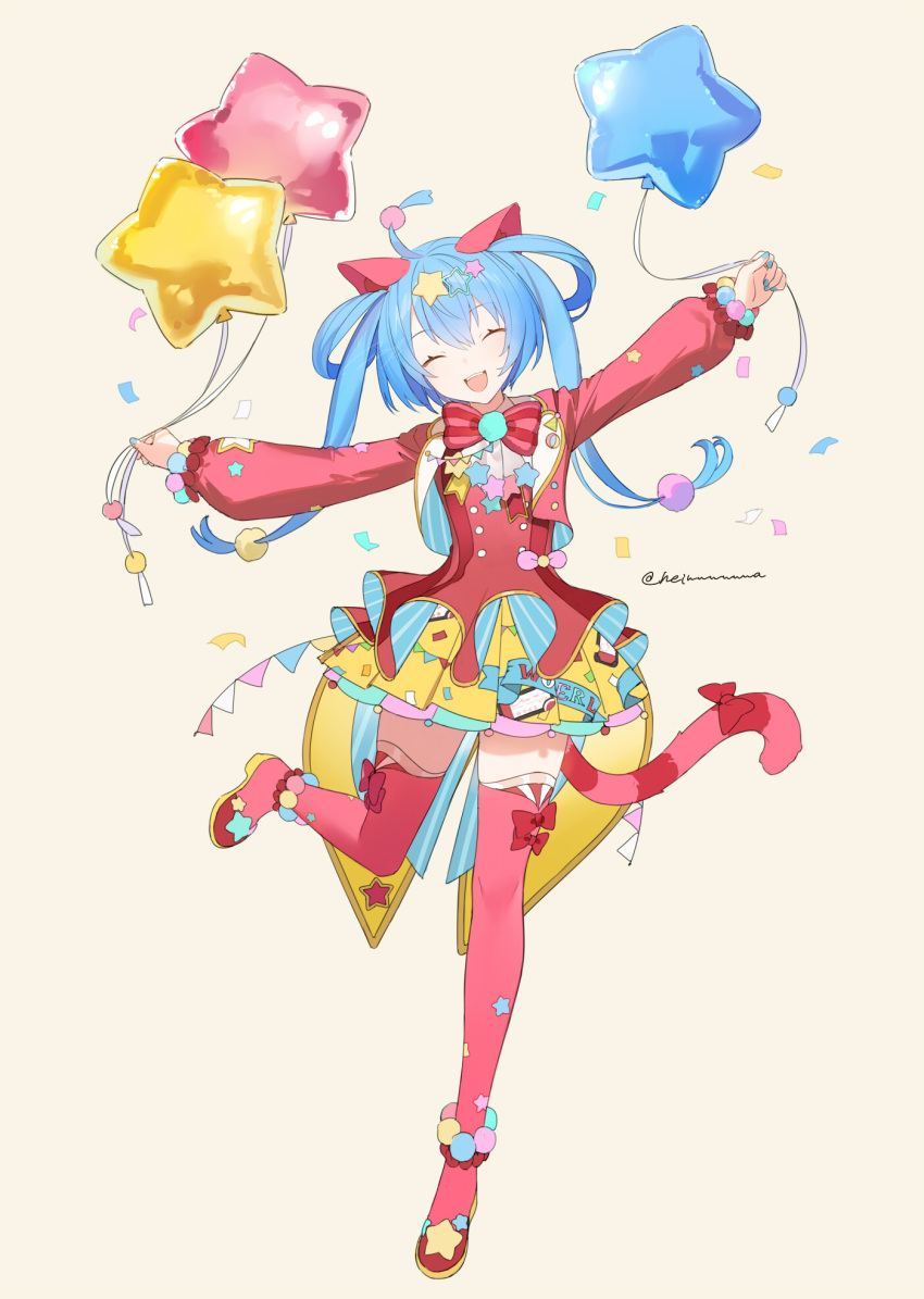 1girl ^_^ animal_ears arms_up balloon blue_hair blue_nails bow bow_legwear bowtie cat_ears cat_tail closed_eyes clothing_cutout colorful confetti dress fangs fingernails flat_chest foot_up full_body gold_trim hair_ornament hair_rings happy hatsune_miku head_tilt heiwa_(murasiho) highres horizontal_stripes jacket laughing long_hair long_sleeves open_mouth pleated_skirt pom_pom_(clothes) pom_pom_hair_ornament project_sekai puffy_long_sleeves puffy_sleeves pumps red_bow red_bowtie red_dress red_footwear red_jacket red_legwear shoes short_dress simple_background skirt solo standing standing_on_one_leg star_(symbol) star_balloon star_cutout star_hair_ornament star_print straight_hair string_of_flags striped striped_bow striped_bowtie tail tail_bow tail_ornament thigh-highs twintails twitter_username underbust vocaloid wing_collar wonderlands_x_showtime_(project_sekai) yellow_skirt zettai_ryouiki