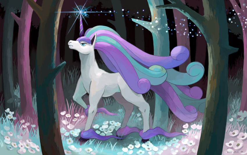 animal_focus blue_eyes closed_mouth commentary_request flower forest from_side full_body galarian_rapidash grass highres looking_up mokuzou_(moku_ssbu) nature night no_humans outdoors pokemon pokemon_(creature) tree white_flower