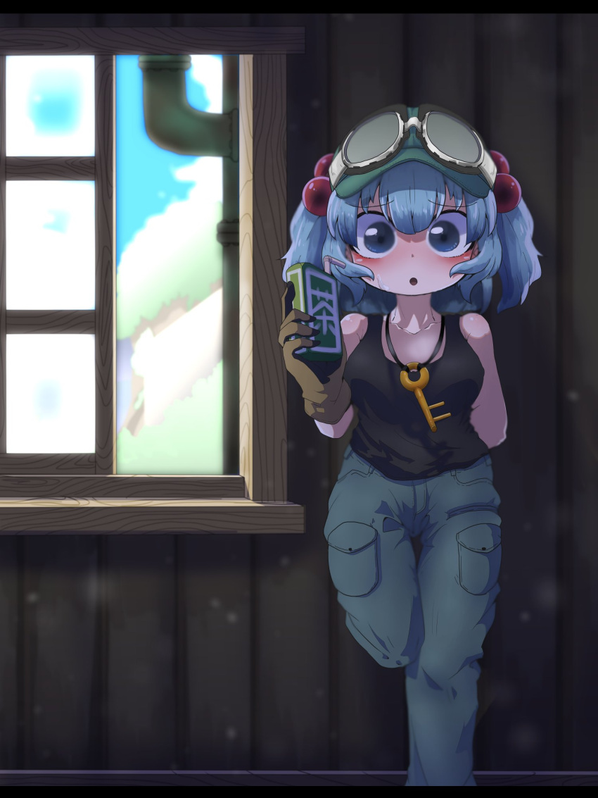 1girl :o arm_behind_back bare_shoulders blue_eyes blue_hair blush can collarbone day denim foot_out_of_frame goggles goggles_on_head hair_bobbles hair_ornament hat highres holding indoors kawashiro_nitori key letterboxed looking_at_viewer onaji_(sokudo_seigen) open_mouth pants shirt short_hair sky solo standing standing_on_one_leg tank_top touhou two_side_up window