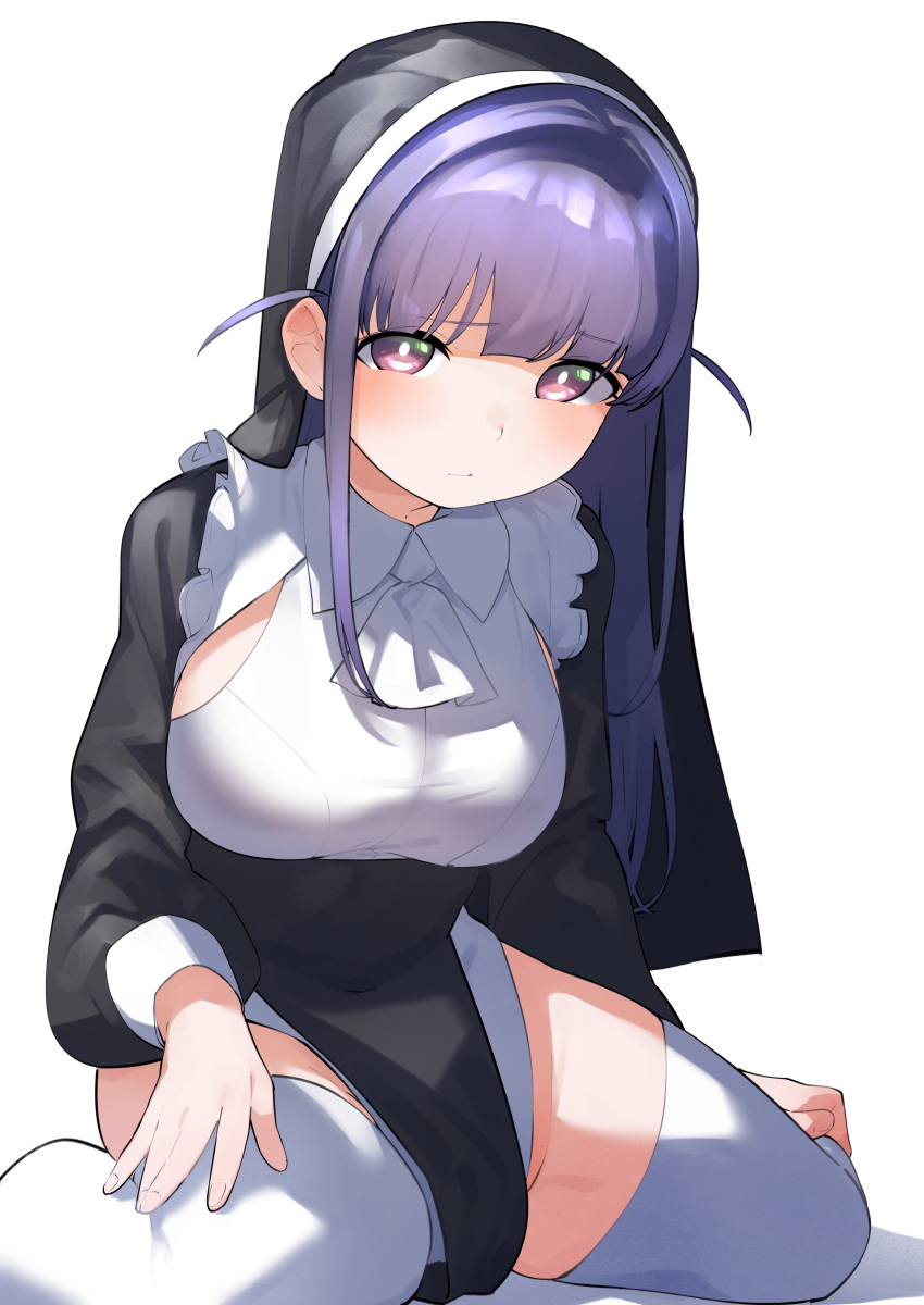 1girl absurdres ascot bangs black_dress blunt_bangs blush breasts bright_pupils closed_mouth collared_dress dress eyebrows_visible_through_hair frilled_dress frills goe_(g-o-e) groin habit hand_on_own_leg hand_on_own_thigh highres large_breasts long_hair long_sleeves looking_at_viewer nun pelvic_curtain purple_hair shadow shoujo_kageki_revue_starlight sideboob sidelocks simple_background sitting solo thigh-highs tsuyuzaki_mahiru two_side_up veil violet_eyes wariza white_ascot white_background white_legwear white_pupils