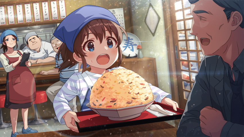 2girls 3boys :o apron blue_eyes blush brown_hair chef_hat chef_uniform doyagao food fried_rice hat head_scarf holding holding_tray idolmaster idolmaster_million_live! idolmaster_million_live!_theater_days indoors lens_flare light_rays looking_at_another multiple_boys multiple_girls official_art old old_man ponytail pregnant red_apron restaurant satake_minako shirt smile smug striped striped_shirt sweatdrop tray younger
