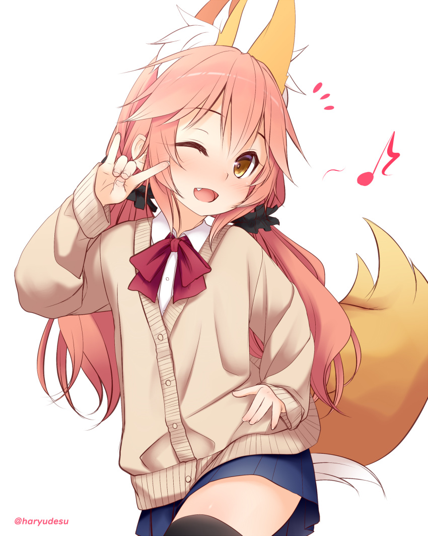 1girl ;d absurdres animal_ear_fluff animal_ears bangs black_legwear black_scrunchie blue_skirt brown_eyes commentary_request cowboy_shot fate/extra fate_(series) fox_ears fox_girl fox_tail hair_between_eyes hair_ornament hair_scrunchie hand_on_hip haryuu_(poetto) highres jacket light_blush long_hair long_sleeves looking_at_viewer low_twintails musical_note one_eye_closed pink_hair scrunchie seikan_hikou simple_background skirt smile solo tail tamamo_(fate) tamamo_no_mae_(fate/extra) thigh-highs twintails twitter_username white_background