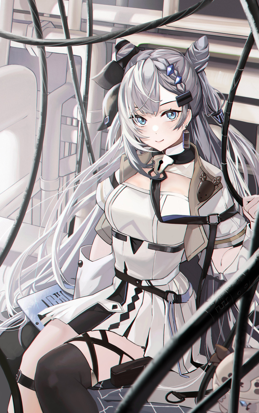 1girl absurdres anizi black_legwear blue_eyes breasts cable double_bun dress earrings grey_hair highres hololive hololive_indonesia jewelry leg_strap long_hair medium_breasts pipes pouch single_thighhigh sitting solo thigh-highs vestia_zeta virtual_youtuber white_dress