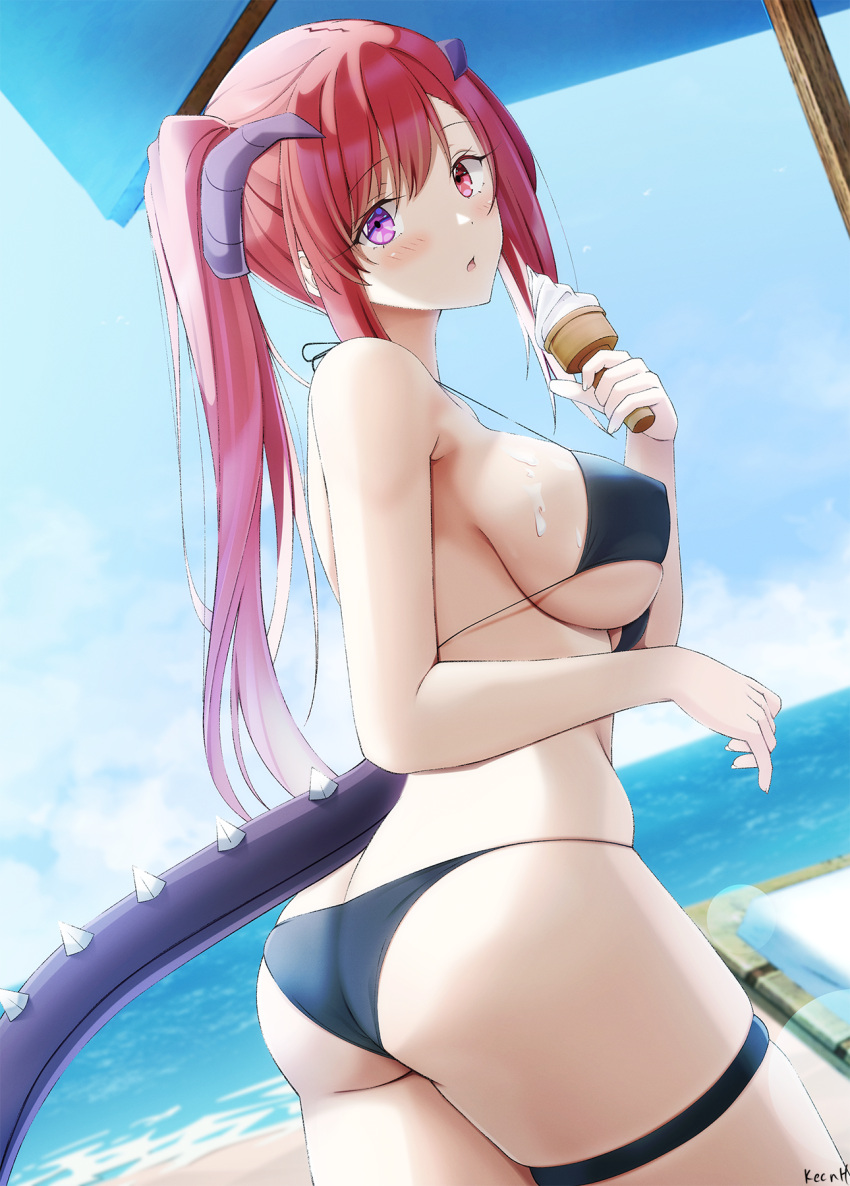 1girl ass bare_arms bare_shoulders beach bikini black_bikini breasts covered_nipples cowboy_shot day dragon_girl dragon_horns dragon_tail dutch_angle food from_side halterneck heterochromia highres holding holding_food horns ice_cream keenh large_breasts long_hair looking_at_viewer ocean original outdoors parted_lips ponytail red_eyes redhead sidelocks skindentation solo standing strap_gap string_bikini swimsuit tail thigh_strap thighs violet_eyes water wet