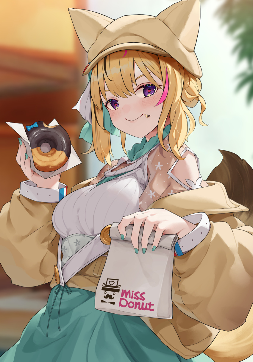 1girl animal_ear_headwear aqua_nails blonde_hair blurry blurry_background blush breasts casual commentary_request doughnut food food_on_face fox_tail heart heart-shaped_pupils highres holding holding_food hololive kaguya_(srx61800) long_sleeves looking_at_viewer medium_breasts multicolored_hair nail_polish omaru_polka outdoors pink_hair smile solo streaked_hair symbol-shaped_pupils tail violet_eyes virtual_youtuber