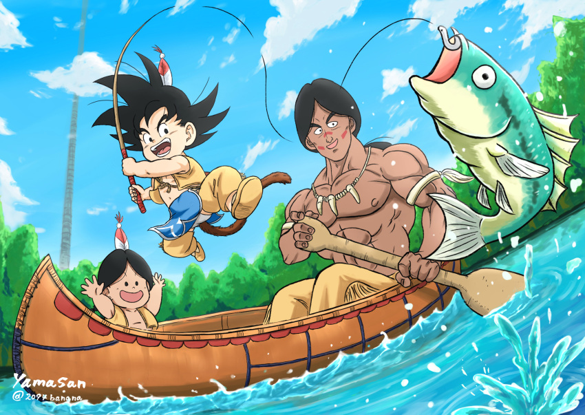 2094banana 3boys black_hair boat bone_necklace bora_(dragon_ball) character_request clouds cloudy_sky commentary_request dark-skinned_male dark_skin day dragon_ball dragon_ball_(classic) fantasy father_and_son feather_hair fish fishing fishing_hook fishing_line fishing_rod highres holding holding_fishing_rod jumping looking_at_viewer male_focus monkey_tail multiple_boys muscular muscular_male open_mouth outdoors paddle sitting sky smile son_goku spiky_hair tail topless_male tower tree upa_(dragon_ball) water watercraft